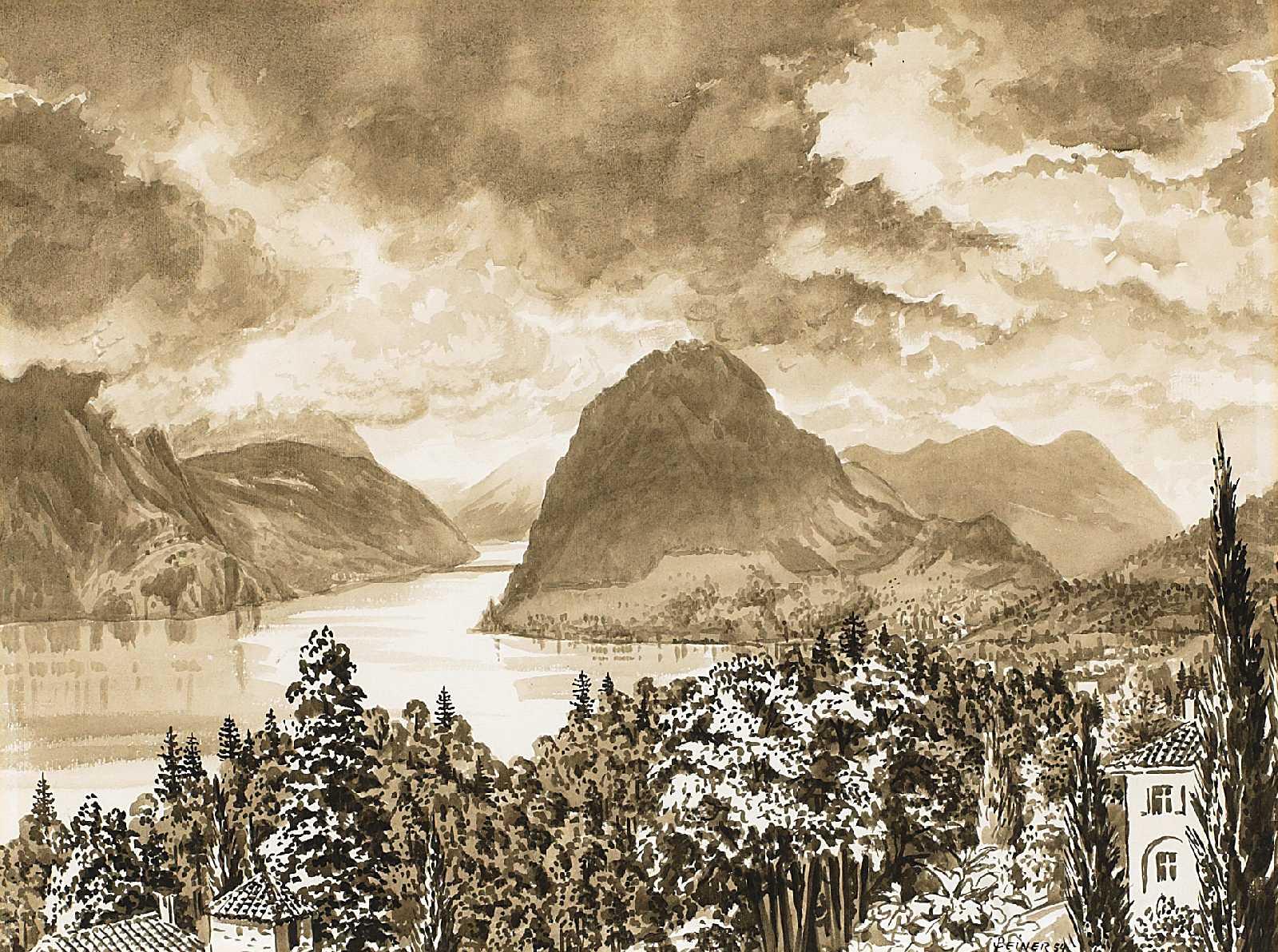 Werner Peiner - Fünf Aquarelle. Drei Lanschaftsdarstellungen an einem oberitalienischen See