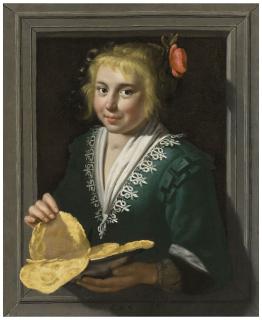 Werner Van Den Valckert - A girl holding pancakes in a feigned stone window