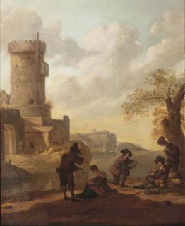 Wigerus Vitringa - A coastal landscape with figures resting outside a city gate