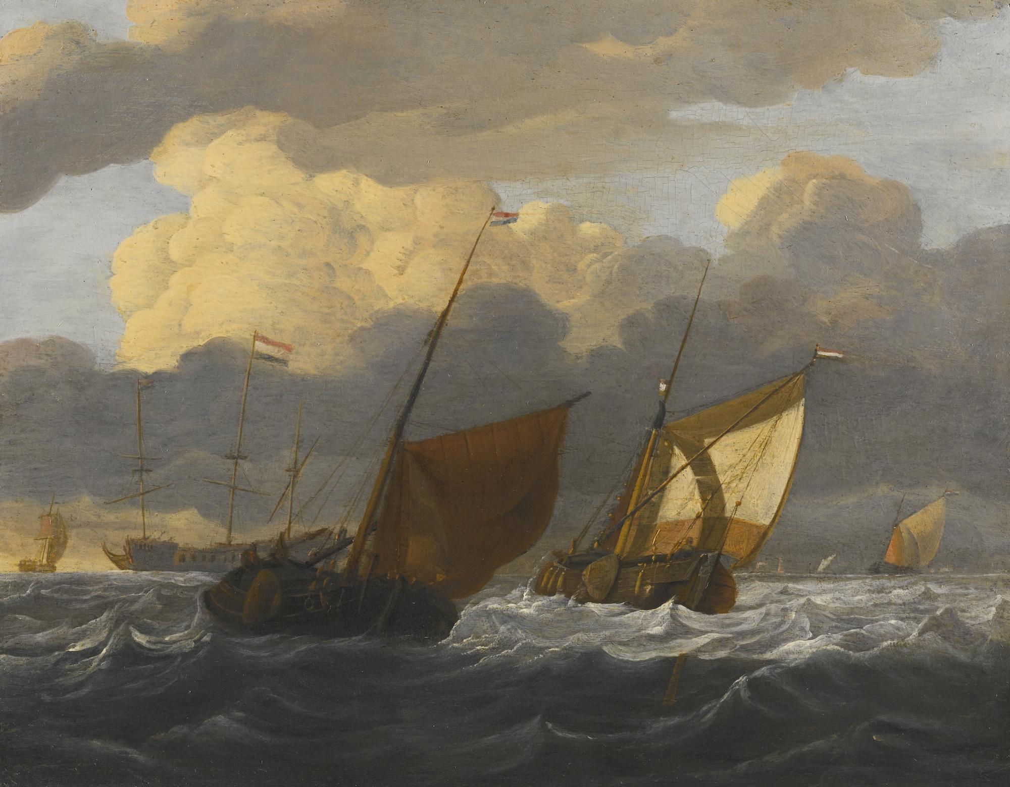 Wigerus Vitringa - A Kaag And A Smalschip In Choppy Seas, A Dutch Whaler At Anchor Beyond