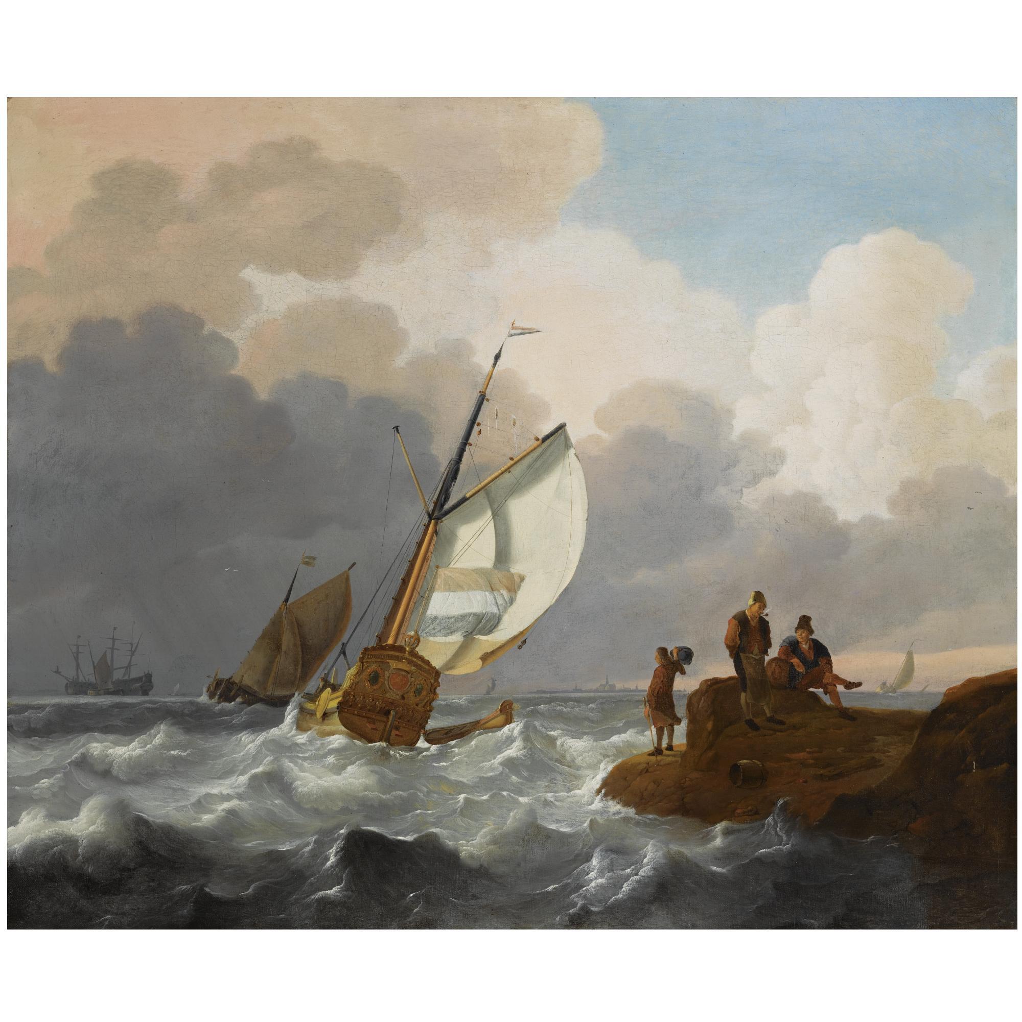 Wigerus Vitringa - Dutch Sailing Vessels In Choppy Waters, Fisher Folk On The Rocks In The Foreground, A View Of A Town Beyond