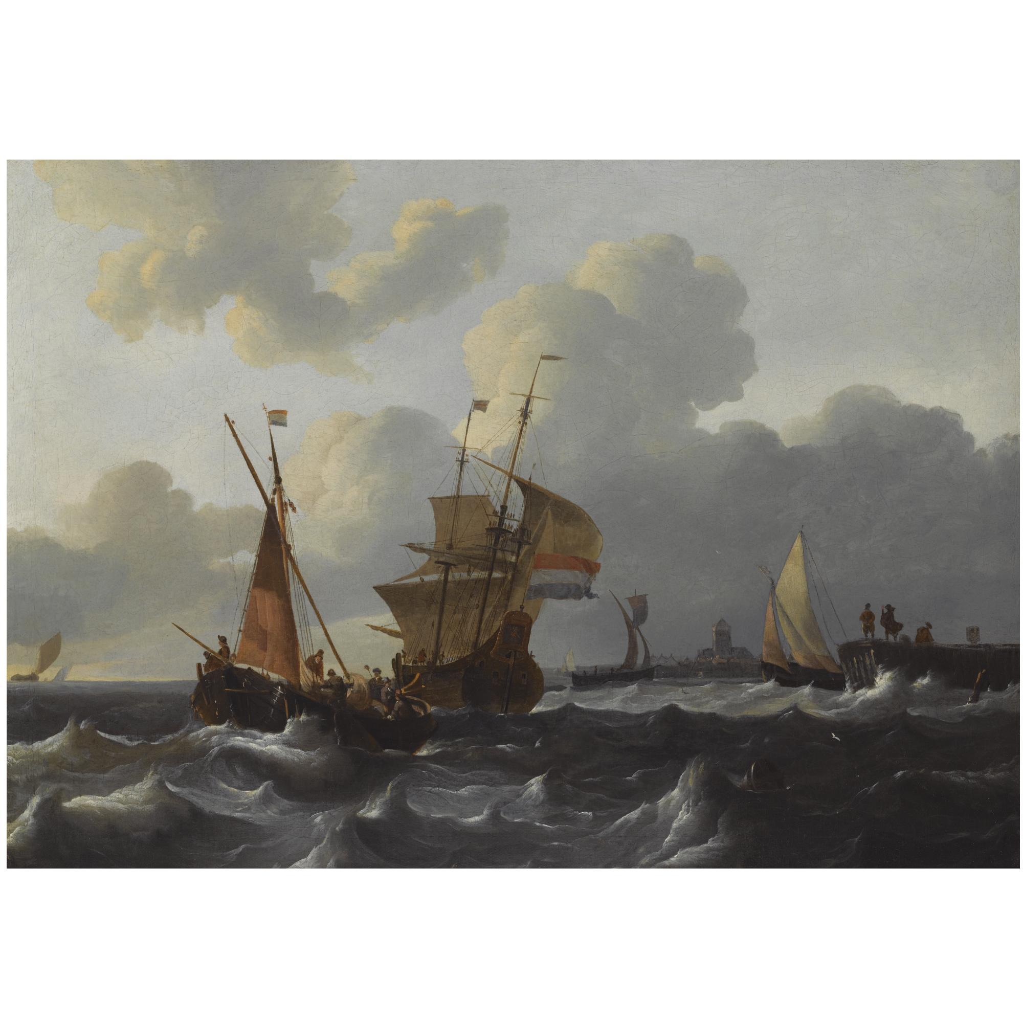 Wigerus Vitringa - Dutch Shipping In Choppy Waters Near A Dutch Village