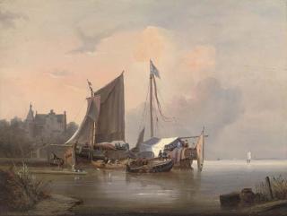 Wijnand Jan Joseph Nuyen - Ceremonial barges moored on a Dutch waterway