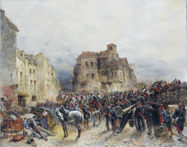 Wilfrid Constant Beauquesne - Army advancing through a ruined town
