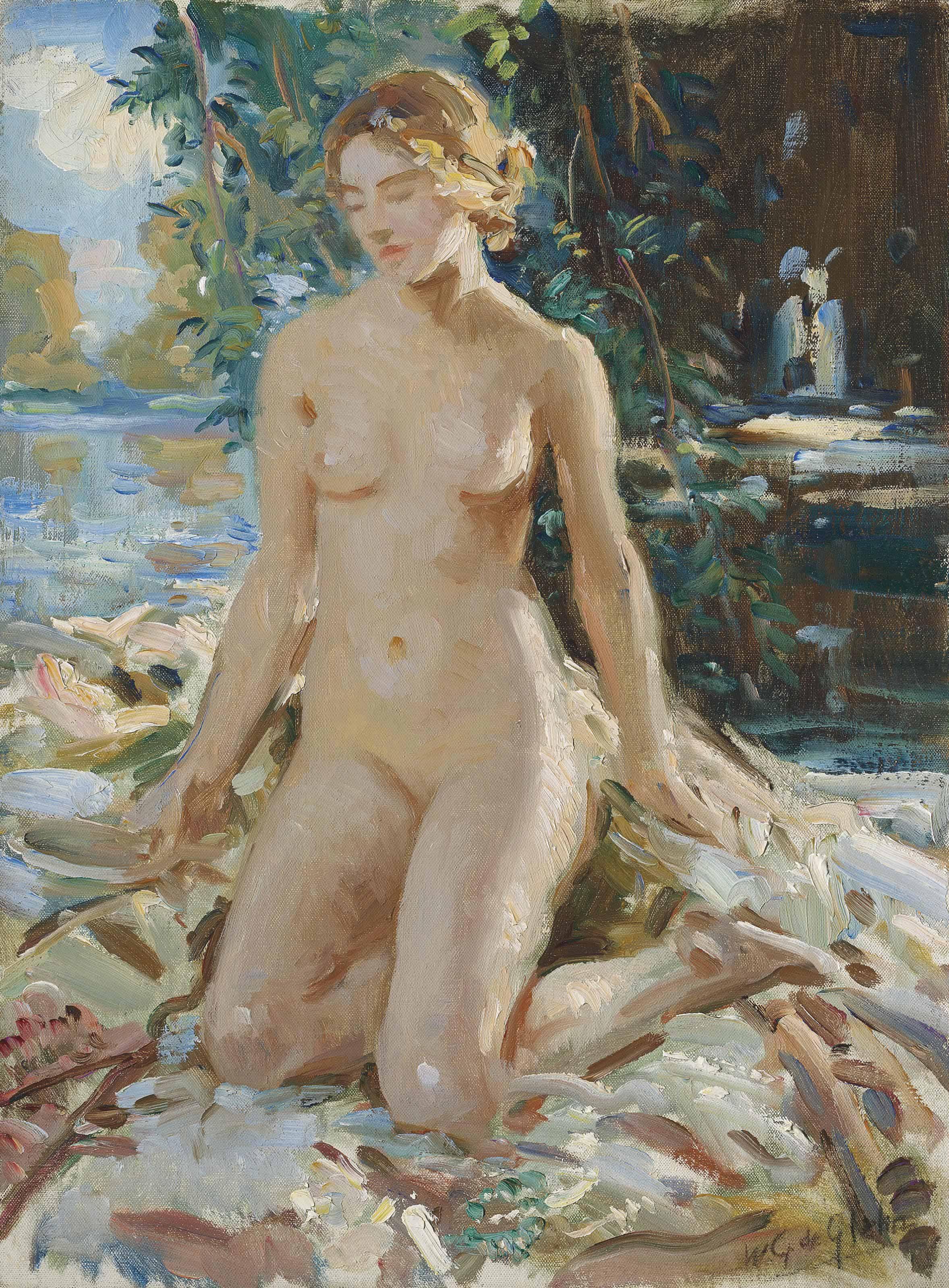 Wilfrid De Glehn, R.A. - A kneeling female nude in a landscape