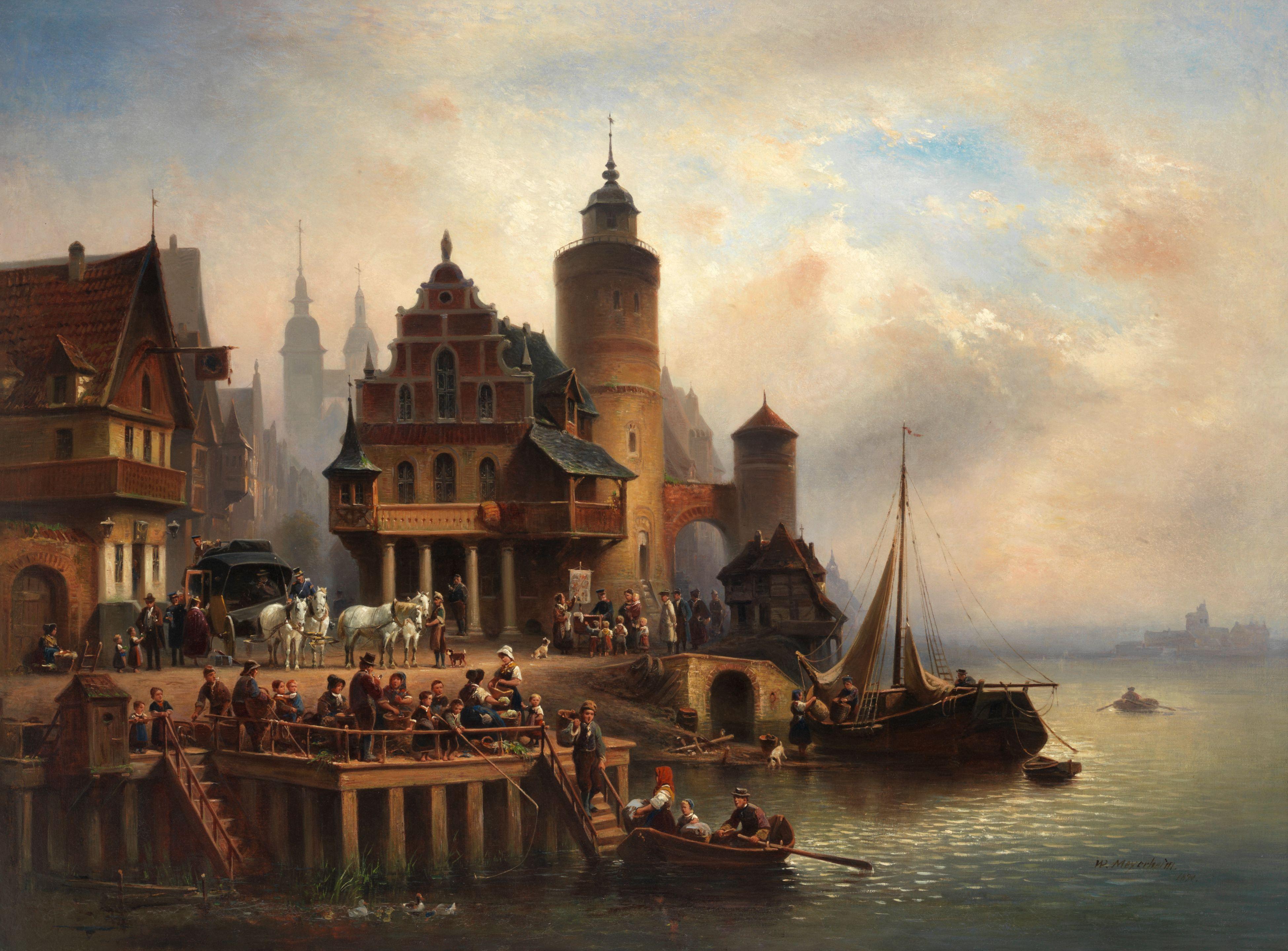 Wilhelm Alexander Meyerheim - The busy jetty of a riverside town