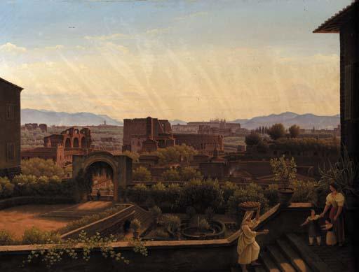 Wilhelm Brücke - The Forum Romanum, Rome, with women and children on a staircase in the foreground