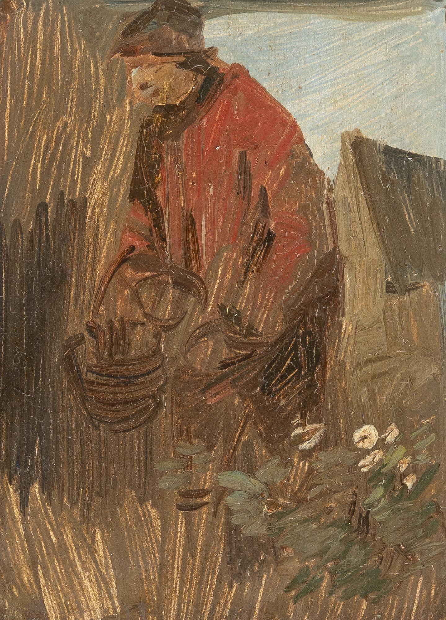 Wilhelm Busch - Bauer in roter Jacke mit Holzbottich