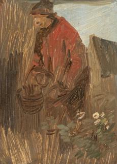 Wilhelm Busch - Bauer in roter Jacke mit Holzbottich