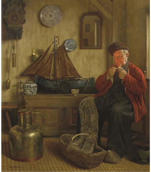 Wilhelm Gdanietz - A Volendam interior with a man smoking his pipe