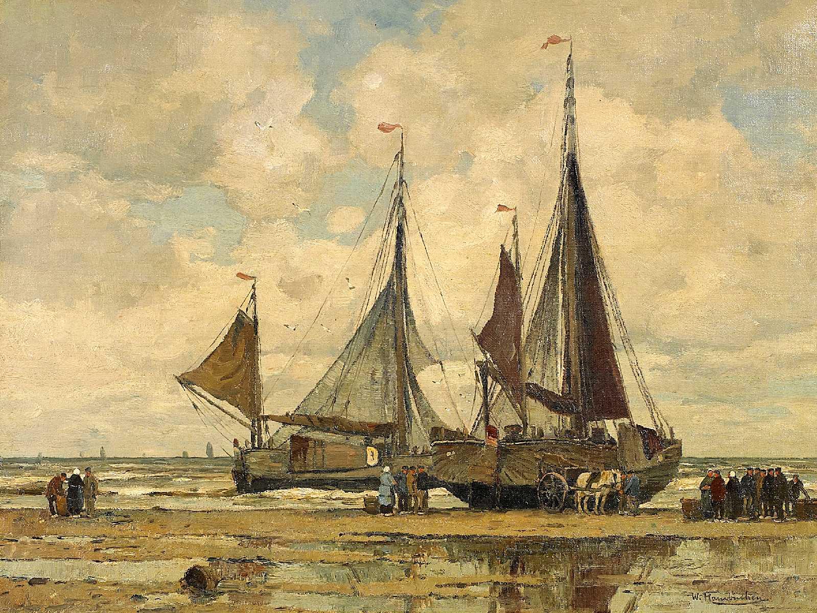 Wilhelm Hambüchen - Anlandende Küstensegler am Strand