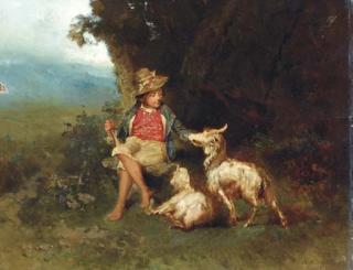 Wilhelm Kray - A Herder With A Goat And Kid In A Landscape