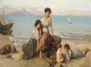 Wilhelm Kray - Children on the Italian coast with a basket of grapes, Capri beyond