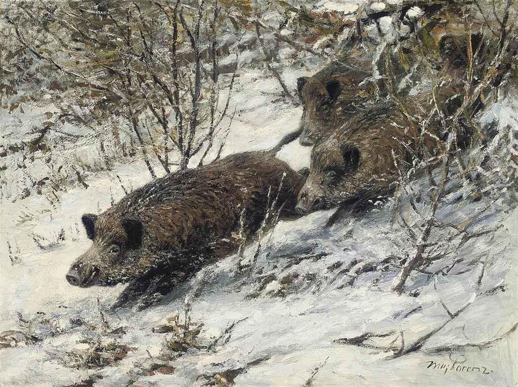 Wilhelm Lorenz - Boars running through a winter forest
