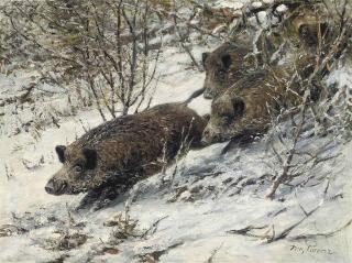 Wilhelm Lorenz - Boars running through a winter forest