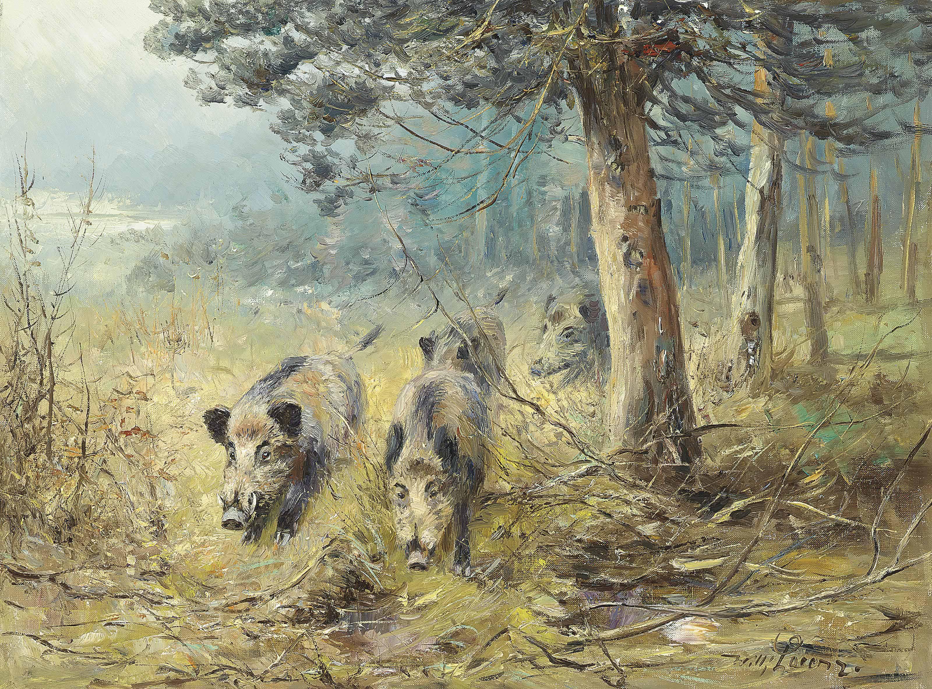Wilhelm Lorenz - Wild boars running at the edge of the forest