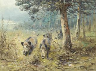 Wilhelm Lorenz - Wild boars running at the edge of the forest