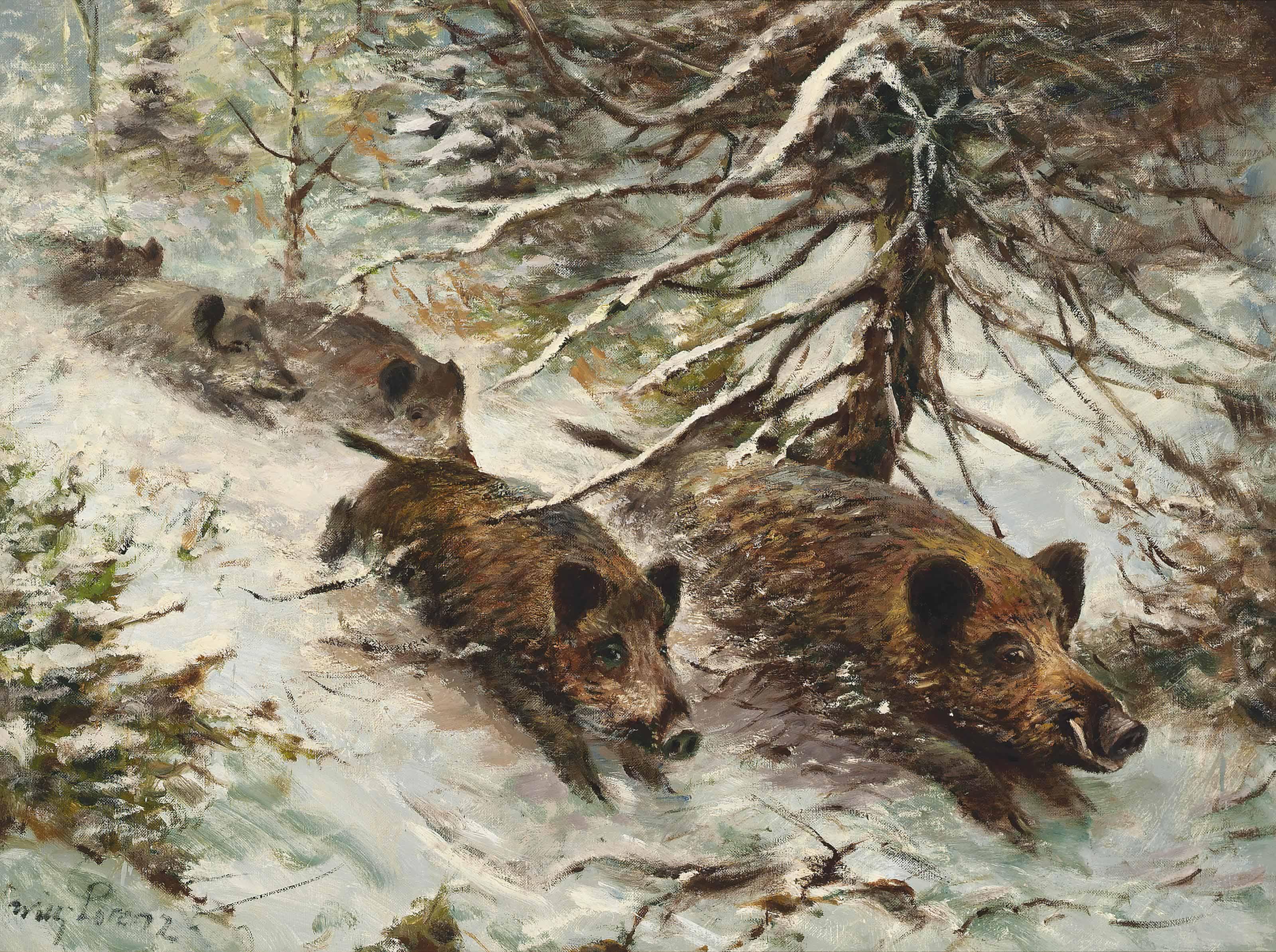 Wilhelm Lorenz - Wild boars running in the forest