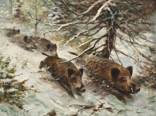 Wilhelm Lorenz - Wild boars running in the forest