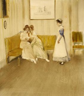 Wilhelm Schreuer - Der Brief. Interieur mit zwei Damen und einem Dienstmädchen