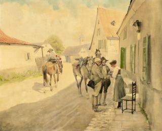 Wilhelm Schreuer - Die Erfrischung - Reiter und eine Magd in einem Dorf am Niederrhein