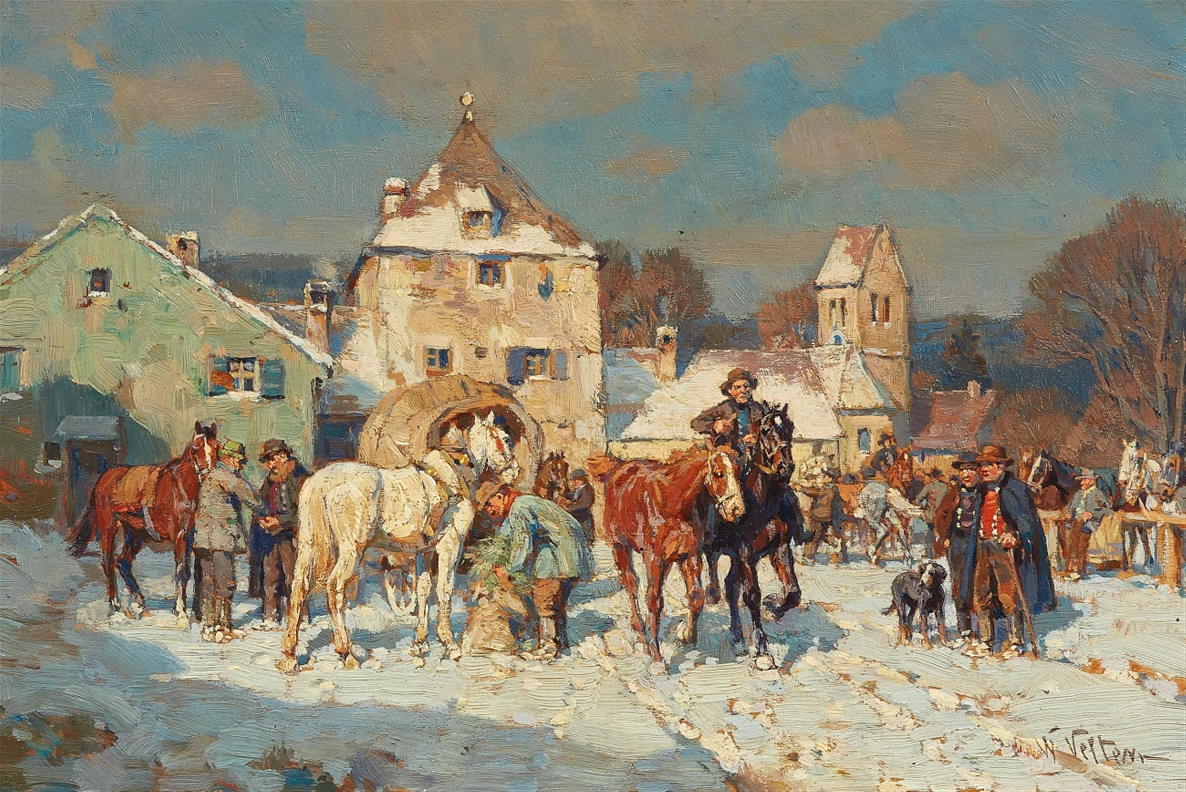Wilhelm Velten - Auf dem Marktplatz Aufbruch der Reiter