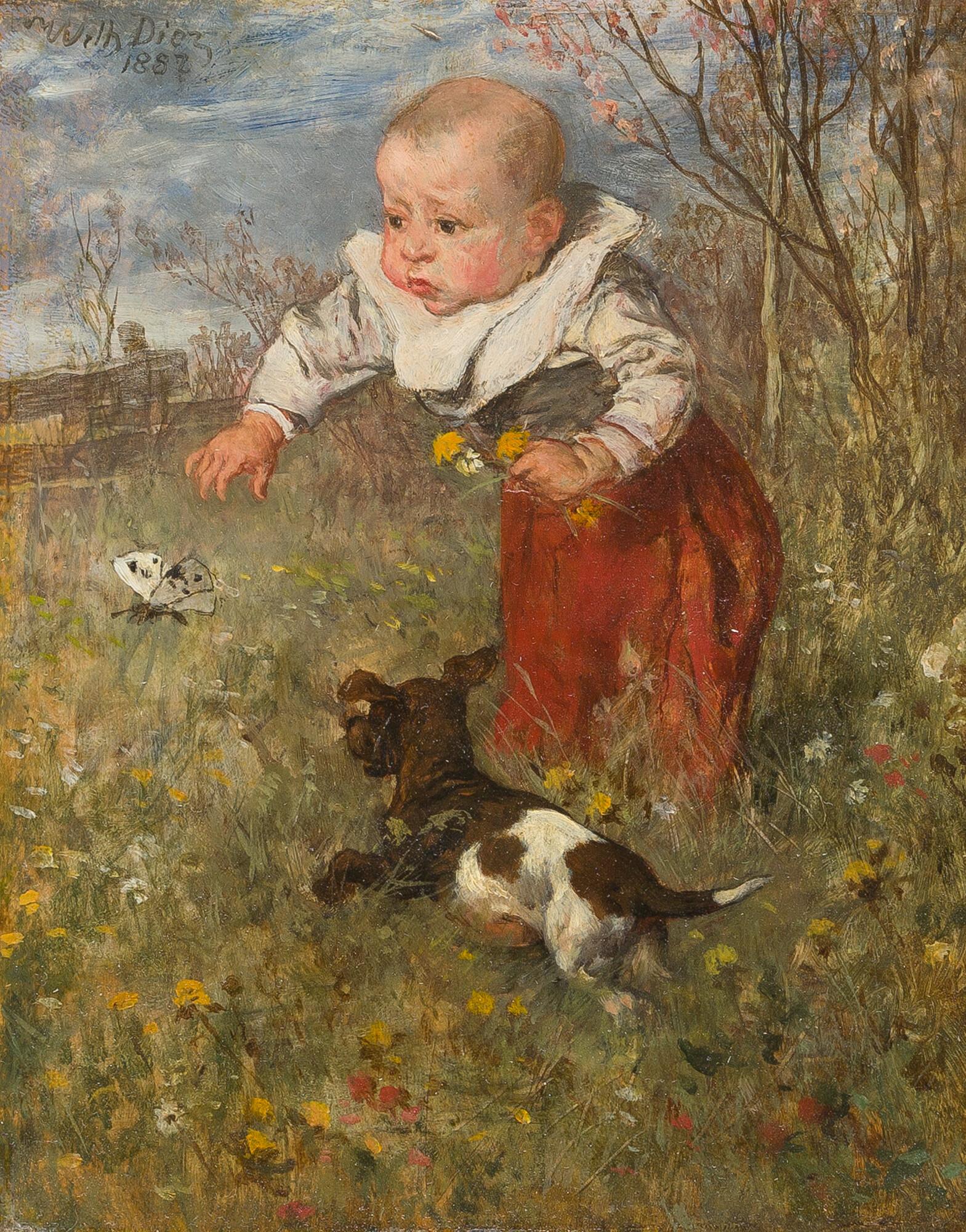 Wilhelm von Diez - Kleinkind mit Hund in Landschaft (Fang den Schmetterling!).