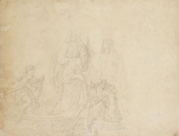 Wilhelm von Kaulbach - Drei antikisch gewandete Männer verlassen ein von einem Jungen gesteuertes Boot und werden von einem vierten begrüßt