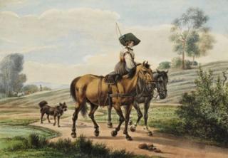 Wilhelm von Kobell - Bayerische Bäuerin mit zwei Pferden und Hund in Voralpenlandschaft