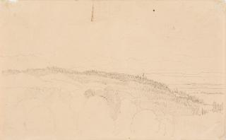 Wilhelm von Kobell - Blick über eine bewaldete Anhöhe auf das Gebirge. Verso: Skizzen