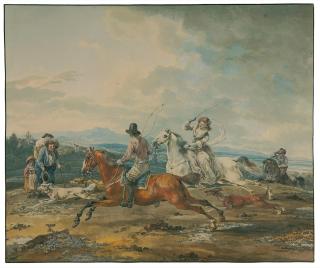 Wilhelm von Kobell - Galoppierende Reitergruppe in Voralpenlandschaft.