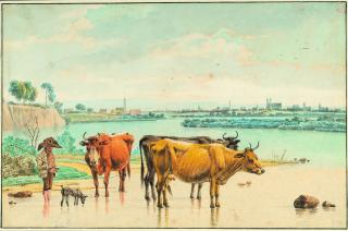 Wilhelm von Kobell - Hütebub mit Kühen an der Isar mit Blick auf München