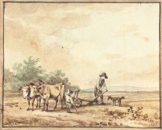 Wilhelm von Kobell - Landschaft mit einem pflügenden Bauern mit Kind und Hund.