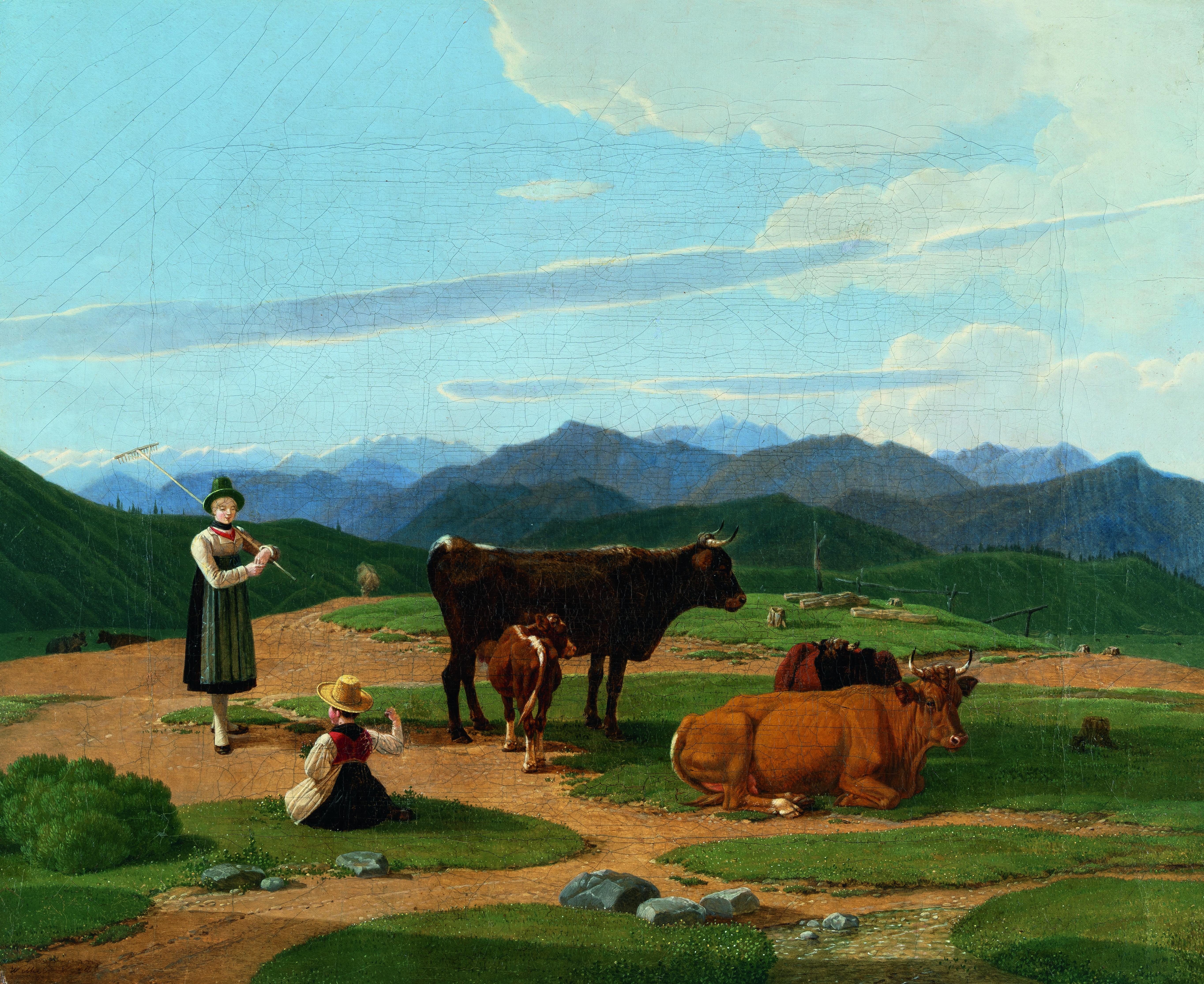 Wilhelm von Kobell - Oberbayerische Landschaft mit Kühen und Hirtinnen