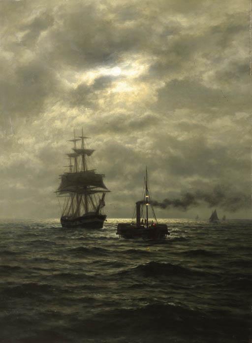 Wilhelm Xylander - Tug And Three-Master In Moonlight