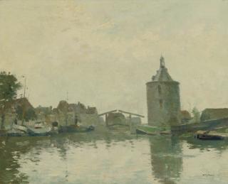 Willem Alexander Knip - A drawbridge seen from the water, Enkhuizen