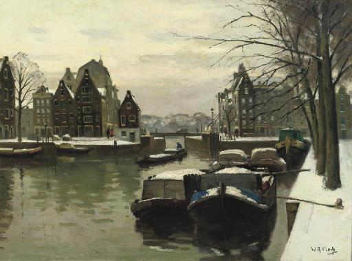 Willem Alexander Knip - Snowcovered boats on the Houtkopersburgwal, Amsterdam