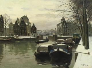 Willem Alexander Knip - Snowcovered boats on the Houtkopersburgwal, Amsterdam
