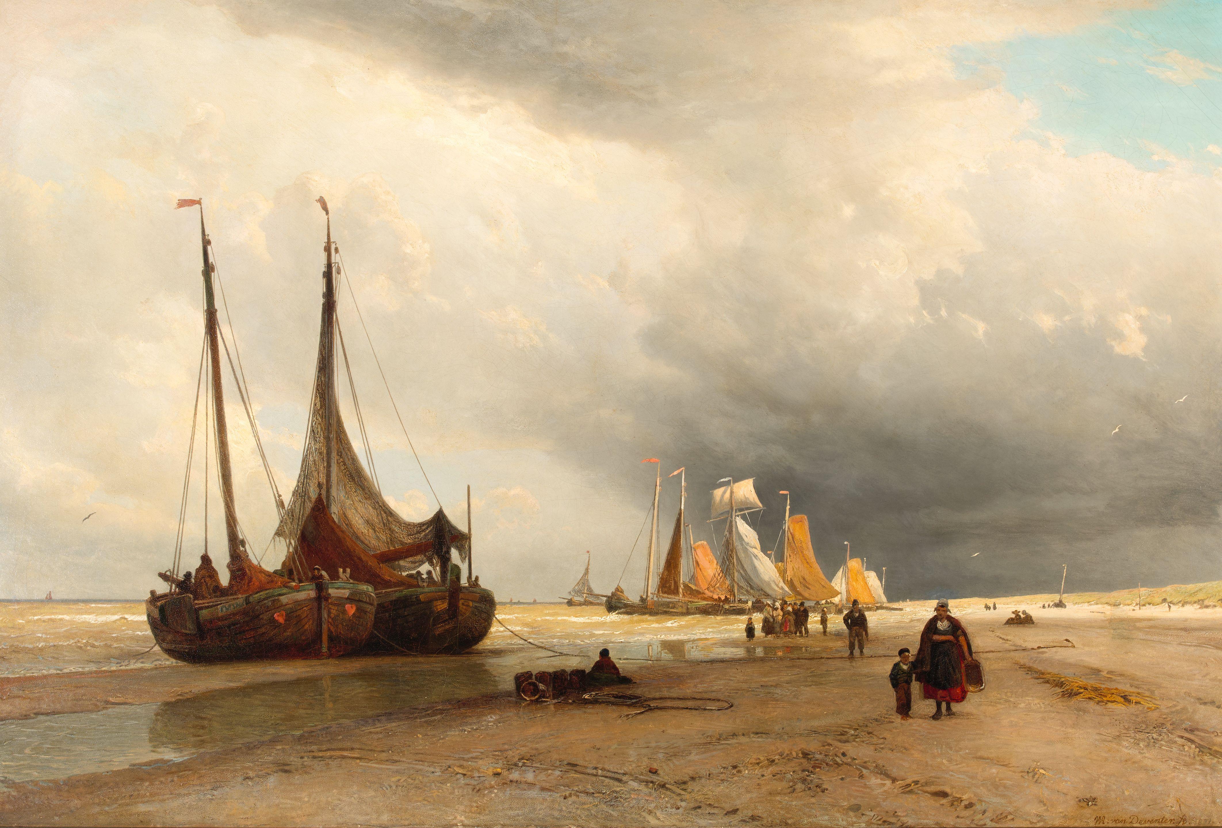 Willem Anthonie van Deventer - A coastal landscape with boats ashore
