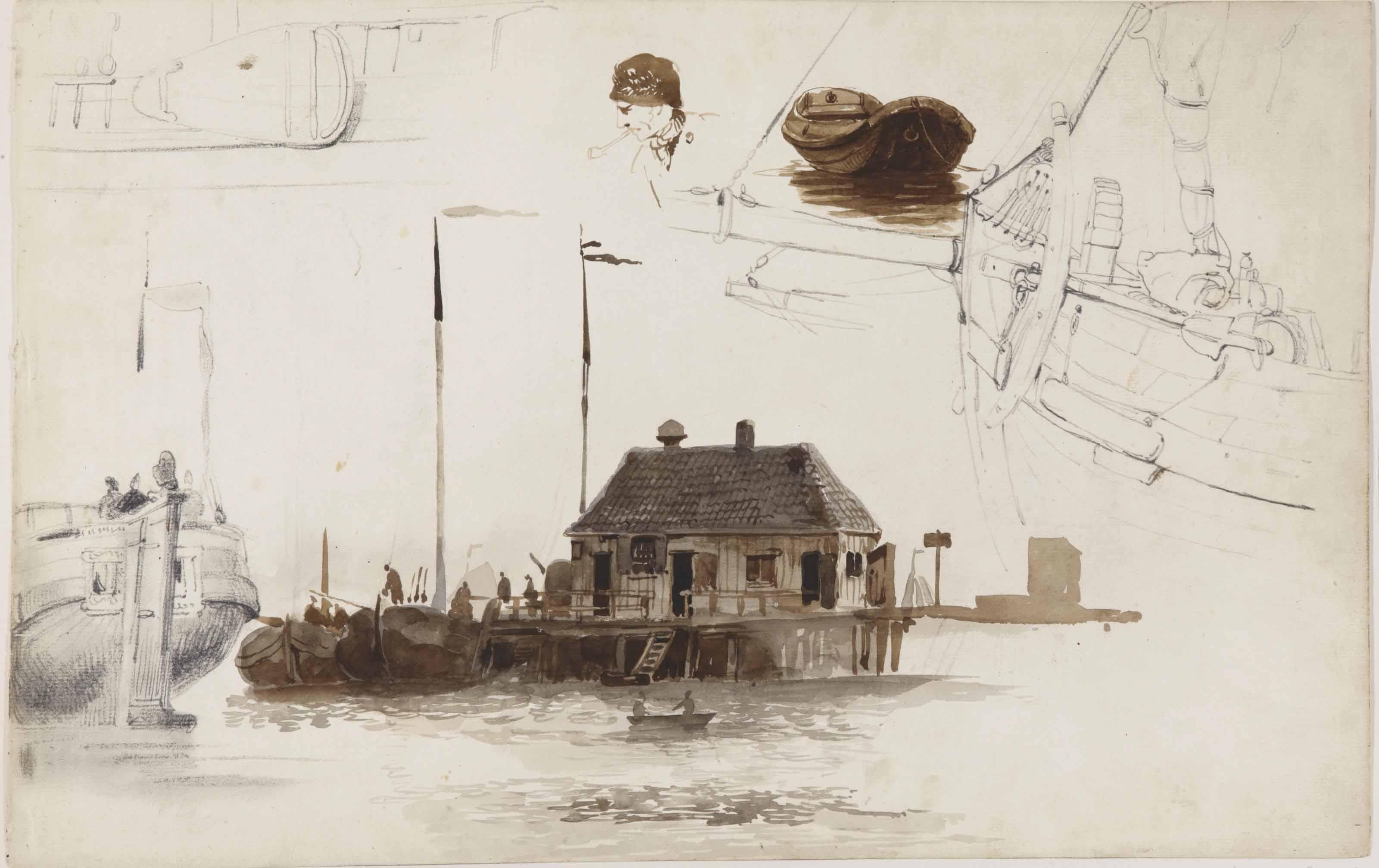 Willem Anthonie van Deventer - A Sheet Of Studies, With A Jetty And A Tree House (Boomhuisje) On The Ij, Amsterdam