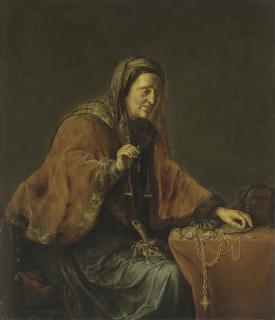 Willem Bartsius - An old woman weighing gold, or Allegory of Avarice