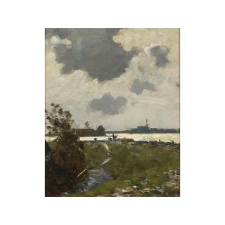 Willem Bastiaan Tholen - A Dutch Polderlandscape With Figures Near The Waterfront, A Village In The Distance