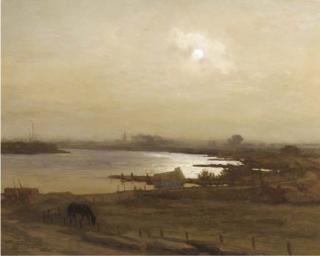 Willem Bastiaan Tholen - A moonlit bend in the river IJssel near Kampen