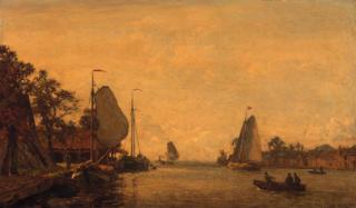 Willem Bastiaan Tholen - A river landscape in summer with sailingboats along a quay