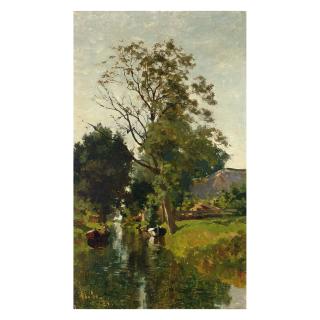 Willem Bastiaan Tholen - A Summer Landscape With Moored Boats In A Waterway