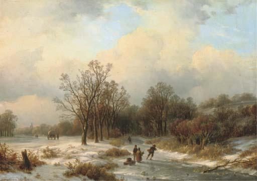 Willem Bodeman - A sunlit winter landscape with villagers on a frozen waterway