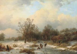Willem Bodeman - A sunlit winter landscape with villagers on a frozen waterway