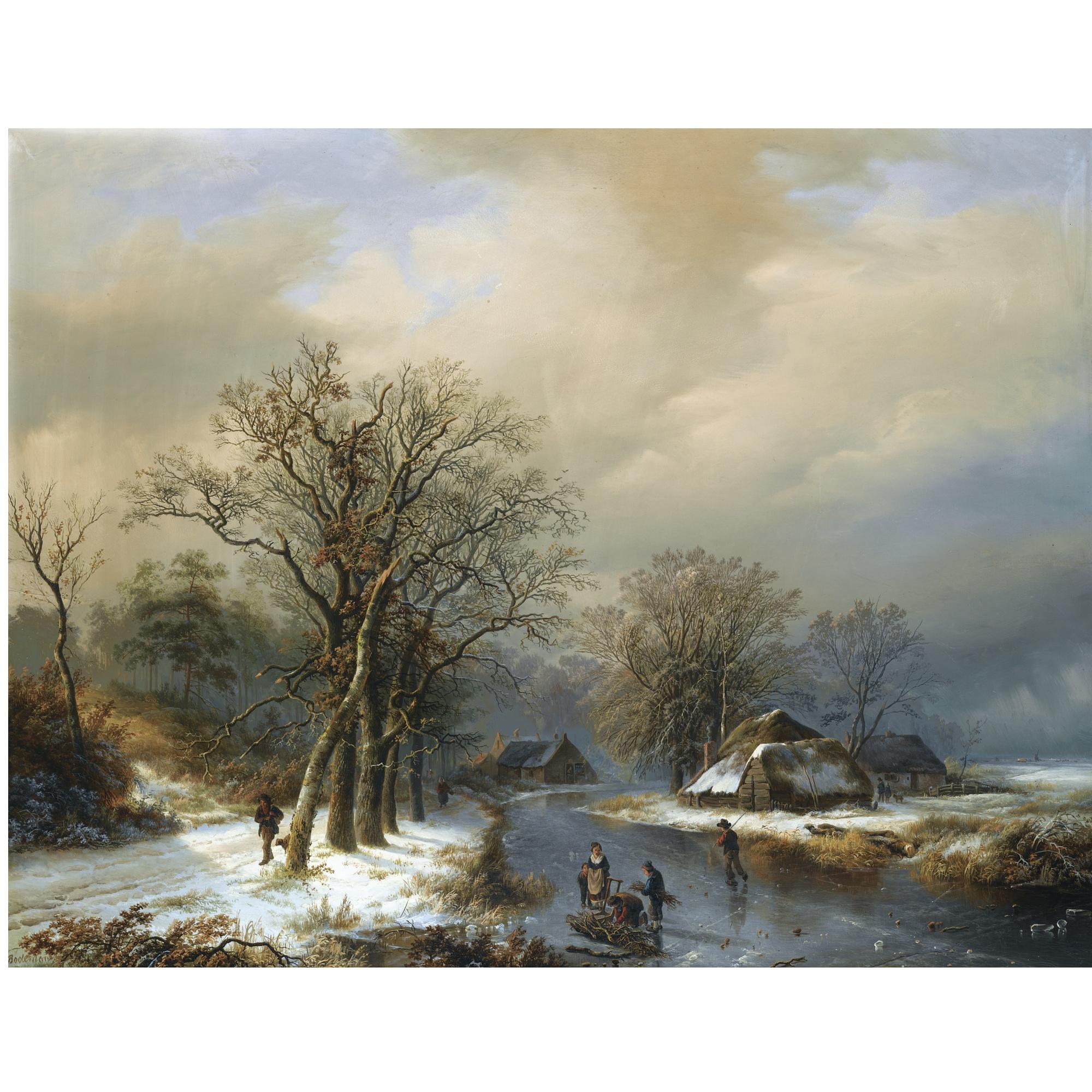 Willem Bodeman - Dutch a Winter Landscape With Woodgatherers On The Ice