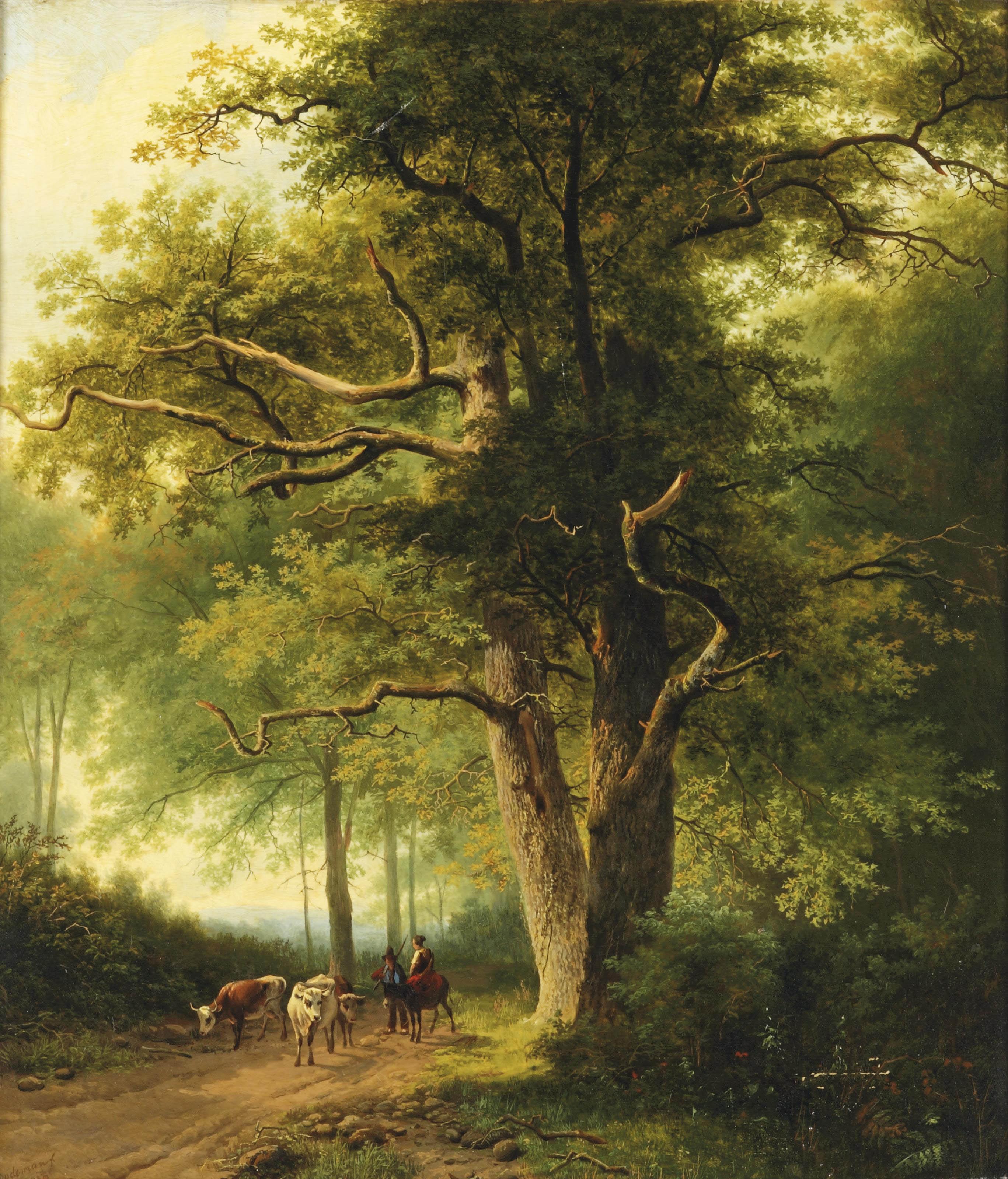 Willem Bodeman - Figures with cattle on a path in a forest