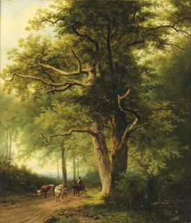 Willem Bodeman - Figures with cattle on a path in a forest